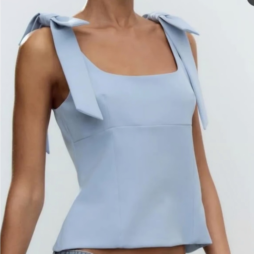 Zara Blue Stretch Top with Bow Straps - Picture 1 of 5